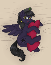 Size: 1505x1922 | Tagged: safe, artist:haruhi-il, oc, oc only, oc:mir, pegasus, pony, fallout equestria, bed, commission, dashite, hat, pillow, solo