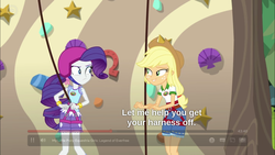 Size: 1366x768 | Tagged: safe, screencap, applejack, rarity, equestria girls, g4, my little pony equestria girls: legend of everfree, bracelet, camp everfree outfits, cowboy hat, female, freckles, hat, helmet, jewelry, out of context, rock climbing, shipping fuel