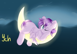 Size: 2300x1600 | Tagged: safe, artist:salicsa, oc, oc only, pony, commission, crescent moon, moon, prone, simple background, solo, tangible heavenly object, transparent moon, your character here