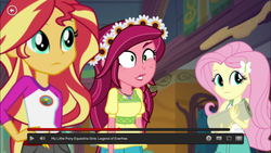 Size: 1366x768 | Tagged: safe, screencap, fluttershy, gloriosa daisy, sunset shimmer, butterfly, equestria girls, g4, my little pony equestria girls: legend of everfree, annoyed, camp everfree outfits, cookie dough, eye twitch, faic, female, floral head wreath, flower, jewelry, magical geodes, necklace