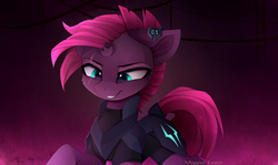 Size: 2700x1605 | Tagged: safe, artist:magnaluna, tempest shadow, pony, g4, my little pony: the movie, broken horn, cute, ear tag, eye scar, female, horn, mare, scar, smiling, solo, tempestbetes