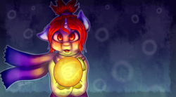 Size: 1280x708 | Tagged: safe, artist:luv4horsez, oc, oc:miss final verse, cat, pony, unicorn, clothes, crossover, fangs, game, glowing, lightbulb, oneshot, ponytail, red eyes, scarf