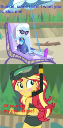 Size: 710x1428 | Tagged: safe, artist:themexicanpunisher, edit, edited screencap, screencap, sunset shimmer, trixie, equestria girls, equestria girls specials, g4, my little pony equestria girls: better together, my little pony equestria girls: forgotten friendship, unsolved selfie mysteries, beach chair, beach shorts swimsuit, chair, clothes, female, lesbian, ship:suntrix, shipping, snorkel, sunset shimmer's beach shorts swimsuit, swimsuit, umbrella