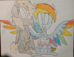 Size: 1839x1421 | Tagged: safe, artist:zephrzolt, dumbbell, rainbow dash, g4, cake, candle, dumbdash, female, food, male, shipping, straight, tongue out, traditional art