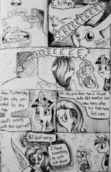 Size: 1288x1995 | Tagged: safe, artist:smirk, angel bunny, fluttershy, twilight sparkle, squirrel, g4, angry, comic, dialogue, eeee, ink, monochrome, nap, screech, skree, traditional art
