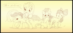Size: 2613x1179 | Tagged: safe, artist:sherwoodwhisper, apple bloom, scootaloo, sweetie belle, oc, oc:eri, earth pony, pegasus, pony, unicorn, g4, blank flank, burdock, burrs, cape, clothes, cutie mark crusaders, female, filly, gradient background, monochrome, pencil drawing, traditional art