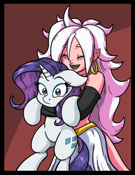 Size: 1583x2048 | Tagged: safe, artist:latecustomer, rarity, human, pony, unicorn, g4, android 21, blushing, colored, confused, crossover, cute, cute little fangs, dragon ball, dragon ball fighterz, dragon ball super, ear piercing, earring, eyes closed, fangs, female, holding a pony, hug, jewelry, looking at you, majin android 21, mare, piercing