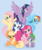 Size: 902x1076 | Tagged: source needed, safe, applejack, fluttershy, pinkie pie, rainbow dash, rarity, spike, twilight sparkle, alicorn, dragon, earth pony, pegasus, pony, unicorn, g4, official, blue background, cute, female, flying, horn, looking at each other, looking at someone, looking at you, mane seven, mane six, open mouth, open smile, prone, simple background, sitting, smiling, smiling at each other, smiling at you, smirk, standing, stock vector, twilight sparkle (alicorn), wings