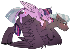 Size: 1024x755 | Tagged: safe, artist:flinksea, thunderlane, twilight sparkle, alicorn, pegasus, pony, g4, blushing, duo, eyes closed, female, horn, leonine tail, lying on top of someone, male, shipping, size difference, spread wings, straight, twilane, twilight sparkle (alicorn), wings
