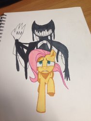 Size: 768x1024 | Tagged: safe, artist:kaenan alchem, fluttershy, g4, bendy, bendy and the ink machine, creepy, creepy smile, crossover, grin, ink, photo, running, scared, smiling, traditional art