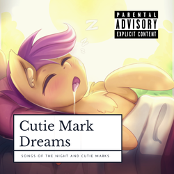 Size: 1400x1400 | Tagged: safe, alternate version, artist:igazella, editor:henbasket, scootaloo, g4, album cover, drool, parental advisory, zzz