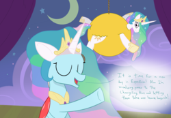 Size: 1300x900 | Tagged: safe, artist:mightyshockwave, ocellus, princess celestia, changedling, changeling, pony, g4, horse play, celestia's crown, clothes, costume, disguise, duo, fake ears, fake horn, female, mare, raised hoof, stage, theater, wig