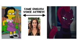 Size: 1366x768 | Tagged: safe, tempest shadow, human, pony, unicorn, g4, my little pony: the movie, emily blunt, exploitable meme, female, irl, irl human, juliet hobbes, male, mare, meme, photo, same voice actor, the simpsons