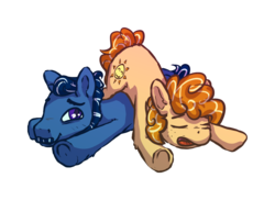 Size: 1000x729 | Tagged: safe, artist:senaelik, oc, oc only, oc:risin' shine, oc:tucked in, earth pony, pony, drawthread, duo, facial hair, female, lying on top of someone, male, mare, moustache, open mouth, request, simple background, sleeping, stallion, transparent background, zzz