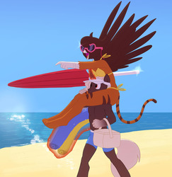 Size: 1120x1150 | Tagged: safe, artist:carnifex, oc, oc only, oc:glory seeker, oc:tabitha, griffon, anthro, beach, bikini, clothes, swimsuit