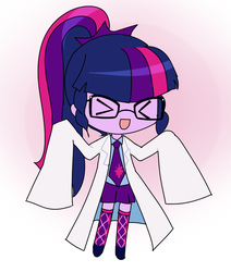 Size: 691x815 | Tagged: artist needed, safe, sci-twi, twilight sparkle, equestria girls, g4, >.<, clothes, cute, description is relevant, drawthread, female, glasses, gradient background, lab coat, miniskirt, necktie, open mouth, oversized clothes, ponytail, request, skirt, socks, solo, squint, thigh highs, thigh socks, twiabetes