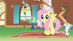 Size: 1680x956 | Tagged: safe, angel bunny, fluttershy, bird, pegasus, pony, rabbit, explore ponyville, g4, animal, female, flash game, fluttershy's cottage, looking at you, smiling, solo