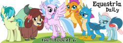 Size: 1000x350 | Tagged: safe, gallus, ocellus, sandbar, silverstream, smolder, yona, changeling, classical hippogriff, earth pony, griffon, hippogriff, pony, yak, equestria daily, g4, season 8, banner, female, group shot, looking at you, male, simple background, student six, transparent background