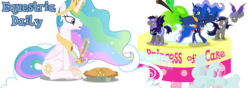 Size: 1000x350 | Tagged: safe, princess celestia, princess luna, alicorn, bat pony, pony, equestria daily, g4, apple, banner, cake, celestia day, cloud, food, fork, on a cloud, pie, simple background, sitting, sitting on a cloud, transparent background, whipped cream