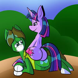 Size: 576x576 | Tagged: safe, artist:pembroke, twilight sparkle, oc, oc:verdant range, pony, unicorn, g4, butt, clothes, plot, sitting on person, sitting on pony, socks, striped socks, thighlight sparkle, thunder thighs, twibutt