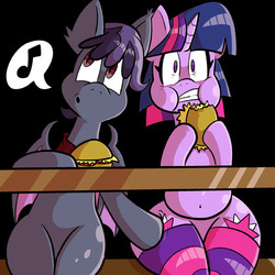 Size: 576x576 | Tagged: safe, artist:pembroke, twilight sparkle, oc, oc:gladiolus, pony, g4, burger, butt boop, butt touch, clothes, cutie mark, female, food, hoof on butt, mare, personal space invasion, sitting, socks, striped socks, surprised, thigh highs, thighlight sparkle, thunder thighs, whistling, wide eyes