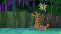 Size: 1280x720 | Tagged: safe, screencap, daring do, big cat, cat, pegasus, pony, tiger, daring don't, g4, season 2, ahuizotl's cats, animal, animation error, claws out, clothes, dodge, dust cloud, eyes closed, faceplant, female, mare, rings of scorchero