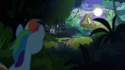 Size: 1280x720 | Tagged: safe, screencap, ahuizotl, daring do, rainbow dash, big cat, cat, cheetah, lynx, panther, pony, tiger, daring don't, g4, ahuizotl's cats, animal, female, fortress of talacon, full moon, jungle, kitten, mare, moon, night, palm tree, temple, tree