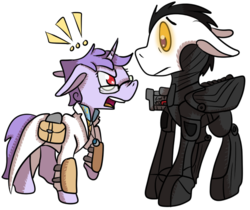 Size: 630x530 | Tagged: safe, artist:okbutwhyeventho, oc, oc:pipe dream, oc:technical circuits, pegasus, pony, unicorn, fallout equestria, fallout equestria: dissonance, armor, clothes, combat armor, enclave, enclave armor, glowing eyes, jewelry, jumpsuit, lab coat, necklace, pair, power armor, vault suit, yelling