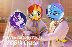 Size: 1550x1028 | Tagged: safe, edit, edited screencap, screencap, starlight glimmer, sunburst, trixie, g4, 1000 hours in ms paint, 1000 years in photoshop, 200th episode, discovery family, female, image macro, lesbian, marriage, meme, ship:startrix, shipping, tangled (disney), text, wedding