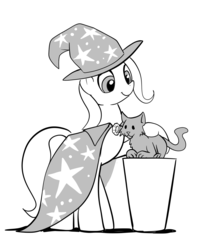 Size: 1047x1332 | Tagged: safe, artist:gsphere, trixie, cat, pony, unicorn, g4, female, grayscale, mare, monochrome, petting, simple background, white background