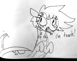 Size: 1747x1392 | Tagged: safe, artist:tjpones, oc, oc only, lamia, original species, rattlesnake, snake, snake pony, adorable trash, black and white, cute, dialogue, forked tongue, grayscale, lineart, monochrome, rattle, solo, tail wag, tongue out, traditional art