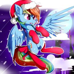Size: 960x960 | Tagged: artist needed, source needed, safe, rainbow dash, pegasus, pony, g4, candy, candy cane, christmas, clothes, female, flying, food, hat, holiday, mare, santa hat, socks, solo, spread wings, wings