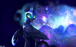 Size: 1920x1200 | Tagged: safe, artist:kirasunnight, nightmare moon, alicorn, pony, g4, clothes, ethereal mane, female, galaxy mane, licking, licking lips, mare, solo, stars, stockings, thigh highs, tongue out, wallpaper