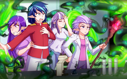Size: 1280x805 | Tagged: safe, artist:jonfawkes, amethyst star, shining armor, sparkler, twilight velvet, oc, human, fanfic:what else could go wrong?, g4, clothes, commission, elf ears, fanfic, fanfic art, female, humanized, humanized oc, laboratory, male, monster, scared, unicorns as elves