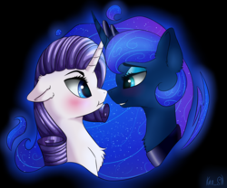 Size: 2406x2000 | Tagged: safe, artist:kirasunnight, princess luna, rarity, alicorn, pony, unicorn, g4, blushing, female, floppy ears, grin, high res, lesbian, looking at each other, mare, nose to nose, scrunchy face, ship:rariluna, shipping, smiling