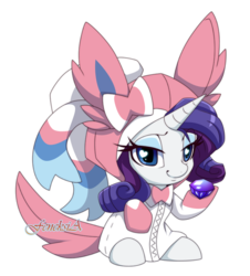 Size: 790x873 | Tagged: safe, artist:extra-fenix, rarity, pony, sylveon, unicorn, g4, clothes, costume, crossover, female, gem, heart eyes, hoodie, kigurumi, pokémon, simple background, solo, transparent background, wingding eyes, ych example, your character here