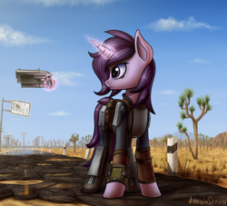 Size: 2200x2000 | Tagged: safe, artist:adagiostring, oc, oc only, oc:amethyst heartstone, pony, unicorn, fallout equestria, clothes, fallout, fallout: new vegas, fanfic, fanfic art, female, glowing horn, gun, handgun, high res, hooves, horn, levitation, magic, mare, pipbuck, pistol, solo, telekinesis, wasteland, weapon