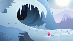 Size: 1280x720 | Tagged: safe, screencap, pinkie pie, snowbutt mctwinkles, pony, yeti, g4, party pooped, cave, eyes in the dark, female, mare, snow, yaket range