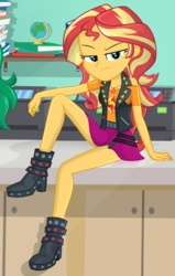 Size: 400x630 | Tagged: safe, artist:charliexe-edits, edit, sunset shimmer, equestria girls, equestria girls specials, g4, my little pony equestria girls: better together, my little pony equestria girls: forgotten friendship, angry, annoyed, boots, clothes, female, frown, geode of empathy, high heel boots, leather, leather vest, legs, looking at you, magical geodes, schrödinger's pantsu, shoes, skirt, solo, sunset shimmer is not amused, unamused