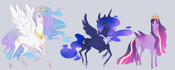 Size: 1280x516 | Tagged: safe, artist:atroquin, princess celestia, princess luna, twilight sparkle, alicorn, pony, g4, colored wings, colored wingtips, crown, cutie mark, ethereal mane, female, flying, jewelry, looking at you, mare, missing accessory, missing cutie mark, necklace, rainbow power, raised hoof, realistic, regalia, simple background, smiling, spread wings, starry mane, trio, twilight sparkle (alicorn), wings