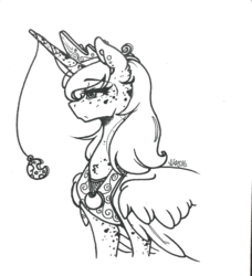 Size: 1165x1280 | Tagged: safe, artist:nightmare-moons-throneroom, princess luna, alicorn, pony, g4, alternate hairstyle, black and white, coat markings, dappled, ear piercing, earring, female, freckles, grayscale, horn, horn jewelry, jewelry, mare, monochrome, piercing, regalia, simple background, solo, white background