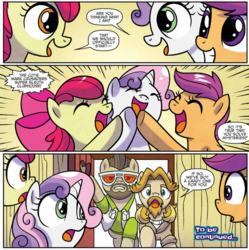 Size: 947x952 | Tagged: safe, artist:agnesgarbowska, idw, apple bloom, colter sobchak, jeff letrotski, scootaloo, sweetie belle, earth pony, pony, g4, my little pony: ponyville mysteries, spoiler:comic, spoiler:comicponyvillemysteries1, cutie mark crusaders, female, filly, male, stallion, to be continued