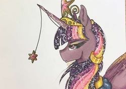 Size: 1280x904 | Tagged: safe, artist:nightmare-moons-throneroom, twilight sparkle, alicorn, pony, g4, big crown thingy, constellation, constellation hair, element of magic, ethereal mane, female, hair tie, horn, horn jewelry, jewelry, mare, older, rainbow power, regalia, simple background, solo, starry mane, twilight sparkle (alicorn), ultimate twilight, white background