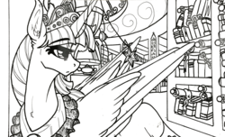 Size: 1280x776 | Tagged: safe, artist:nightmare-moons-throneroom, twilight sparkle, alicorn, pony, g4, big crown thingy, black and white, clothes, element of magic, female, grayscale, horn, horn jewelry, jewelry, library, looking over shoulder, mare, monochrome, necklace, older, older twilight, regalia, robe, solo, twilight sparkle (alicorn)