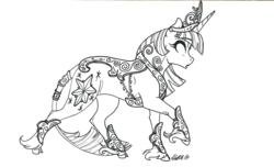 Size: 1280x776 | Tagged: safe, artist:nightmare-moons-throneroom, twilight sparkle, classical unicorn, pony, unicorn, g4, armor, big crown thingy, black and white, cloven hooves, cutie mark, element of magic, female, grayscale, horn, jewelry, leonine tail, lineart, mare, monochrome, open mouth, regalia, solo, tail jewelry, unicorn twilight, unshorn fetlocks, walking