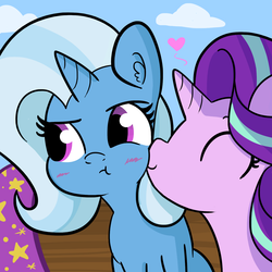 Size: 1650x1650 | Tagged: safe, artist:tjpones, starlight glimmer, trixie, pony, unicorn, g4, :t, blushing, cheek kiss, cute, diatrixes, duo, ear fluff, eyes closed, female, floating heart, glimmerbetes, heart, horn, kissing, lesbian, looking away, mare, puffy cheeks, ship:startrix, shipping, smiling, tsundere, tsunderixie