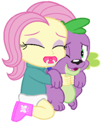 Size: 410x496 | Tagged: safe, artist:wesleyabram, fluttershy, spike, spike the regular dog, dog, equestria girls, g4, baby, babyshy, cute, diaper, hug, pacifier, shyabetes, simple background, spikabetes, younger
