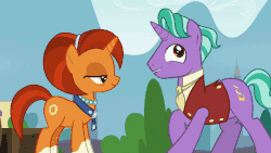 Size: 960x540 | Tagged: safe, screencap, firelight, stellar flare, pony, unicorn, g4, the parent map, animated, duo, female, gif, glowing horn, horn, male, mare, stallion, that pony sure does love plans