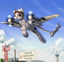 Size: 3198x3072 | Tagged: safe, artist:lightly-san, oc, oc only, oc:dorn, original species, plane pony, pony, aircraft, commission, do 217 n2, fence, german, high res, plane, sign, solo, tower, translated in the description