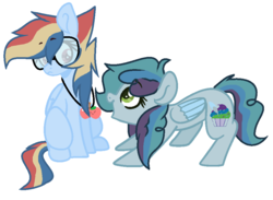 Size: 920x672 | Tagged: safe, artist:justcallmescaizor, oc, oc only, oc:cupcake, oc:rainboom dash, pegasus, pony, glasses, half-siblings, interdimensional siblings, jewelry, necklace, offspring, parent:cheese sandwich, parent:rainbow dash, parent:soarin', parents:cheesedash, parents:soarindash, simple background, white background